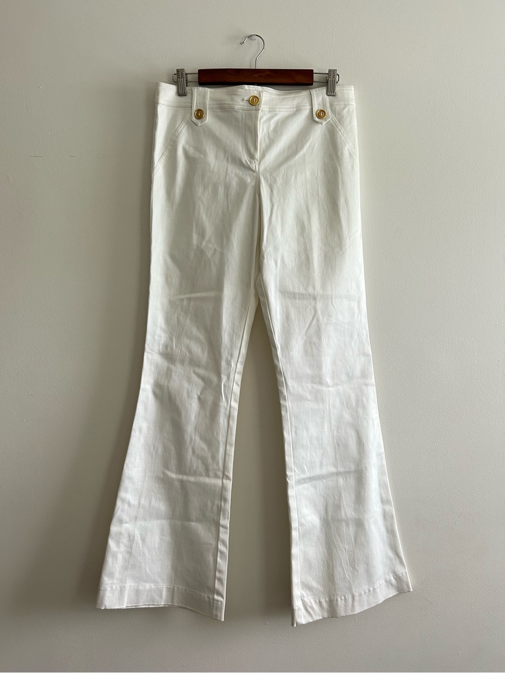 Y2K Cache White Women's Flared Pants with Gold Button Detail